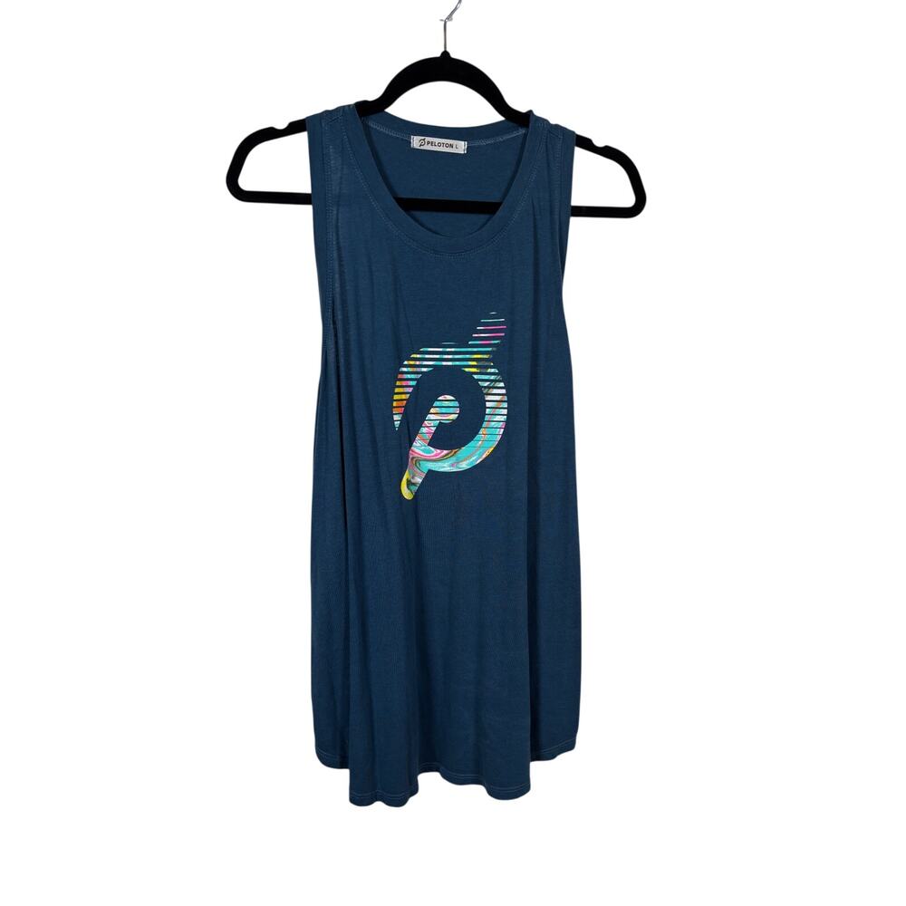 Peloton Tank Top Womens Large Blue Racerback Scoop Neck Colorful Marbled Graphic